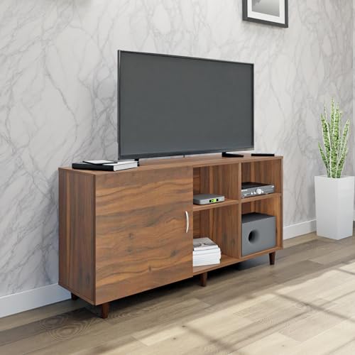 Image of VIKI Modern TV Unit for Living Room | Engineered Wood TV Cabinet with 1 Door Storage & 2 Open Shelves, Set Top Box Stand, Entertainment Unit, 140W x 74H x 40D cm | DIY | 1 Year Warranty (Walnut)