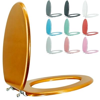 BLOFDE Elongated Toilet Seat Wood Toilet Seat Prevent Shifting with Zinc Alloy Hinges American Standard Size Toilet Seat Easy to Install also Easy to Clean(Elongated,Sparkling Classical Gold)