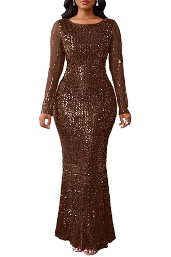VERWIN Women's Sequins Bodycon Round Neck Long Sleeve Sparkly Mermaid Maxi Casual Party Cocktail Dress XXL Brown