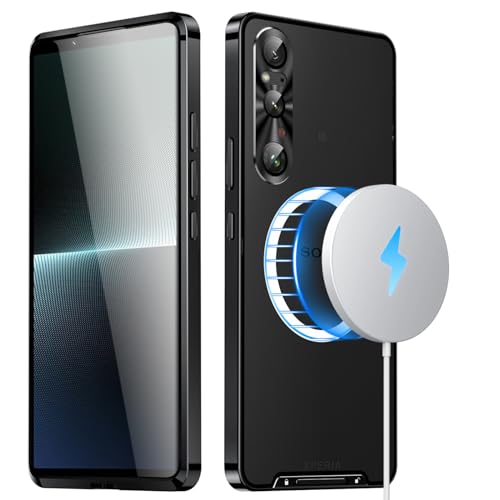 YZBYFON Metal Case for Sony Xperia 1 VI (2024), Military-Grade Metal Bumper Shockproof Translucent Cover Matte PC Back Cover with Magnetic Wireless Chager Camera Lens Protection (Black)