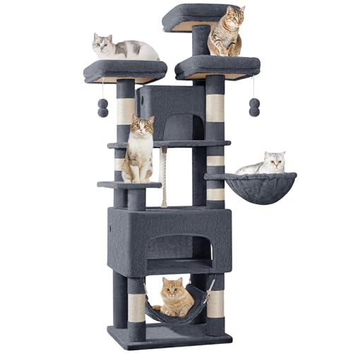 Hzuaneri Albero per Gatti XXL 176 cm Tiragraffi Robusto con 3 Piani, 2 Lettini a Grotta, 7 Colonne in Sisal e Amaca, per più Gatti, Grigio Scuro MS17618SG