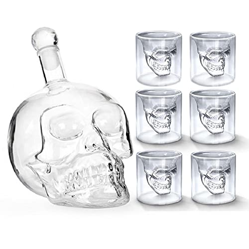 MEETOZ Glass Skull Head Bottle Cup Set, Whiskey Glasses Set Wine Glasses Bar Supplies 1 550ml Wine Decanter and 6 75ml Glasses for Tequila, Vodka, Gin, Rum, Whiskey, Party, Home, Bar