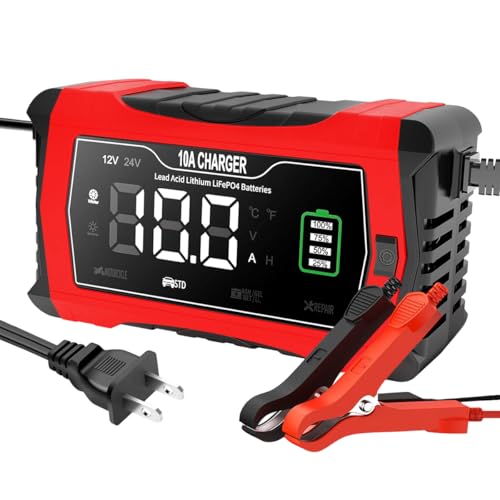 MTRPS 10-Amp Battery Charger, 12V 24V Portable Car LiFePO4 Lead Acid Battery Charger, Smart Batteries Maintainer & Desulfator w/Temp Compensation for Car Truck Motorcycle