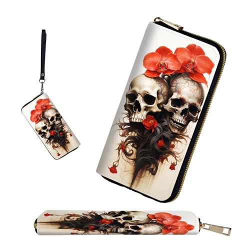 RFID-Blocking Zip Around Wallets for Women with Detachable Wrist Strap,Large Capacity Phone Holder with Card Organizer & Coin Pocket,Skull Red Flower