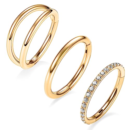 AROWRO Nose Rings Hoops 3 Pcs Conch Piercing Jewelry Surgical Steel Cartilage Earrings for Women Men 16G 10mm Gold Septum Rings with CZ Helix Daith Rook Tragus Piercing Jewelry