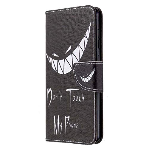 AIFILLE Nero Cover a Libro per Samsung A31 2020 Don't Touch My Phone Modello Denti Bianca Custodia in Pelle PU e Silicone TPU Morbida Rigida Portafoglio Uomo Design Flip Accessori per Cellulari