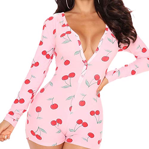 RUEWEY Womens Sexy Onesie Pajama with Butt Flap Long Sleeve V Neck Bodycon One Piece Romper Sleepwear (Pink Cherry L)