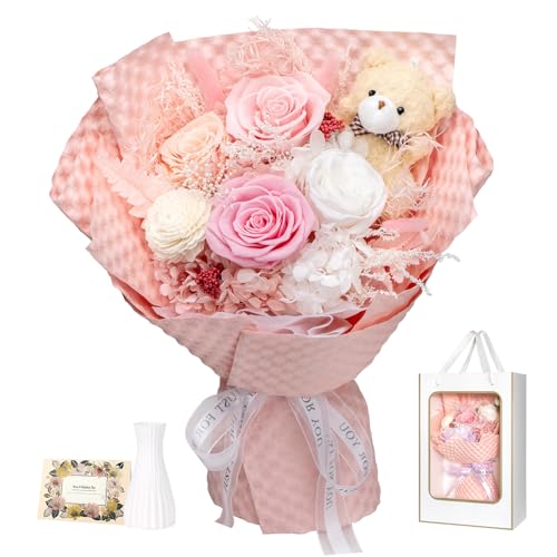 NOVEMBER SPRING Preserved Flowers Bouquet with Bear - 4 Real