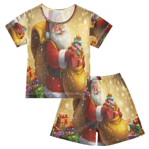ALAZA Golden Santa Claus Star Merry Christmas Pajamas Set Short Sleeve Cotton Sleepwear Summer Pjs 2 Piece 5-14Y