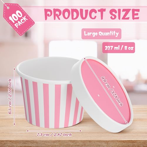 Image of Fulmoon 8 oz 100 Pack Paper Containers with Lids Soup Bowl Cup, Pink | Disposable Ice Cream Cup, Kraft Food Containers with Vented Lid Stackable for Hot Soup Dessert Cake Fruit Microwave Takeout