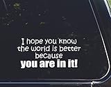 I Hope You Know The World is Better Because You are in It - for Cars Funny Car Vinyl Bumper Sticker Window Decal | White | 8' inch