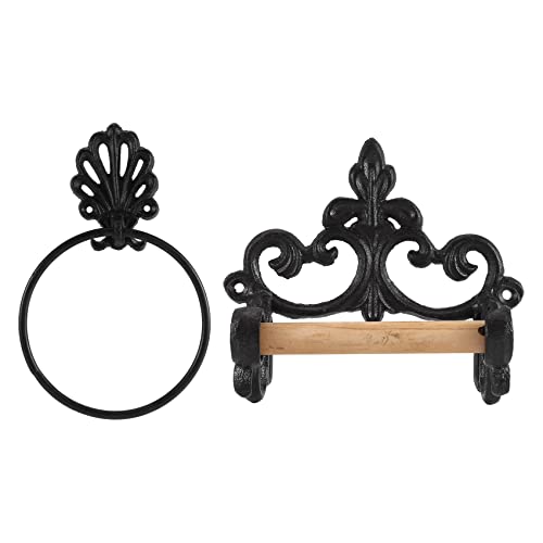 Wiedfedy Black Holder Towel Holder Set,Bathroom Cast Iron Towel Ring Holder Wall Mounted, Vintage Design