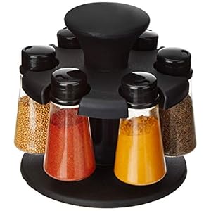Amazon Brand – Solimo Upright Revolving Plastic Spice Rack, 6 Pieces,Silver