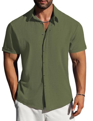 LETSEE Linen Shirts Mens Button Down Short Sleeve Shirt for Summer Business Casual, Beach & Wedding Guest Army Green