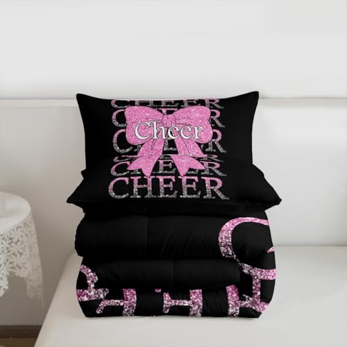 Image of Feelyou Cheer Bow Comforter Set Queen Size Cheerleading Bedding Set for Kids Boys Girls Funny Sport Duvet Quilt Pink Bedroom Decor Microfiber 3 Pcs with 2 Pillow Cases