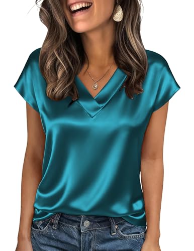 Image of Akiooue Summer Short Sleeve Tops for Women UK V Neck Satin Blouses Size 16
