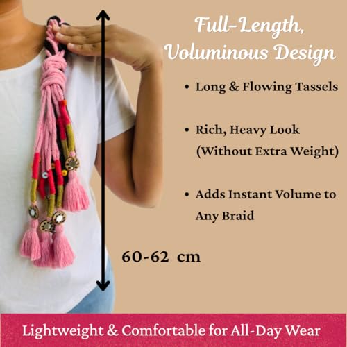 Image of Zippy Flora Neelima Parandi (Baby Pink) | Traditional Boho Handmade Paranda Hair Accessory with Braid Tassels | Women's Ethnic Hair Extension for Choti, Braids & Patiala Shahi Hairstyles