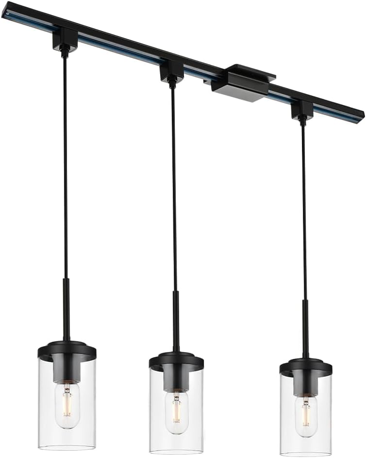 BONLICHT 3 Pack Track Lighting Pendant Black Dining Room Chandelier with H Type Track Lighting Rail and Floating Canopy Connector, Industrial Kitchen Track Ceiling Light Fixtures Hanging Pendant Lamp