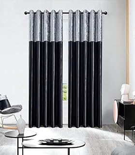 Pair of Crushed Velvet Band Curtains Fully Lined Eyelet Ring Top Faux Silk Window Treatment (Black/Silver, 66''Widex90''Drop)