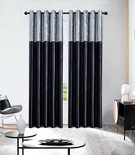 Image of XXR Crushed Velvet Band Curtains PAIR Eyelet Faux Silk Fully Lined Ring Top UK Sizes (Black/Silver, 66x90'')
