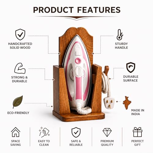 Image of PulGos Handcrafted Mango Wood Iron Press Holder - Wall Mount Wooden Iron Stand with Wire Organizer | Heat-Resistant & Shock-Proof Design | Durable Press and Cord Storage Solution | Home & Laundry Room