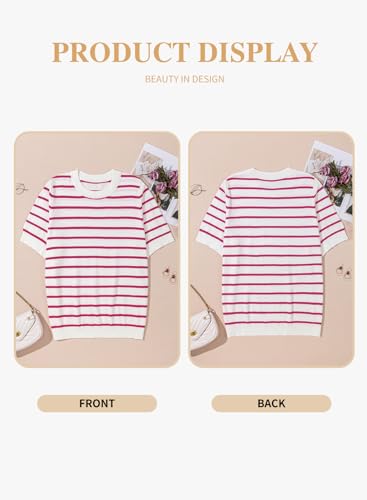 Image of Eytino Women Plus Size Sweater Tops Short Sleeve Crewneck Striped Tshirts Casual Summer Blouses Shirts(1X-5X)