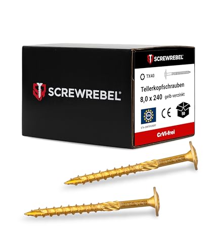SCREW REBEL® Tellerkopfschrauben 8x240mm – [50 Stück], – Kraftsparend dank Reibteil & Cut-Spitze – selbstschneidend, TX40 Antrieb – Holzbauschrauben mit ETA-Zulassung – CrVI-frei & korrosionsbeständig