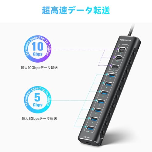 ROSONWAY USB ハブ10Gbps 11ポート 20W PDx1 USB C 3.2x2 USB A 3.2x1 USB 3.0x7 2 in 1 ケーブル 付き アルミ製 USB HUB セルフパワーとバスパワー両用 12V 5A 電源 独立スイッチ付き(RSH-A11PD)