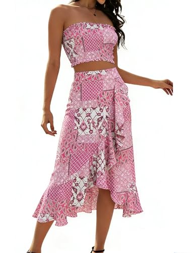Angashion Women's 2 Piece Dress Floral Crop Top Maxi Skirt Set Outfit Dress with Pockets 2501 Pink Large
