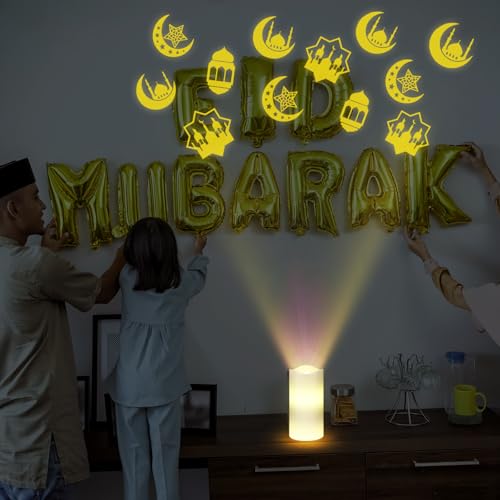 Image of Baquler Ramadan Flameless Candles Projector Light Eid Mubarak LED Candle Battery Operated Star Moon Night Light with Remote and Timer Eid Mubarak Electric Gifts Ramadan Decoration for Home Room Decor