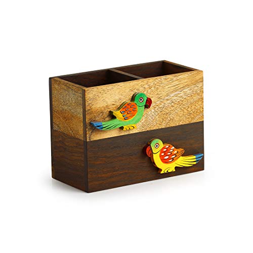 Image of ExclusiveLane 'Birds of A Feather' Cutlery Cum Napkin Holder in Sheesham & Mango Wood - Wooden Cultery Stand Holder Racks for Kitchen Storage & Containers Cutlery Sets Cutlery Holder