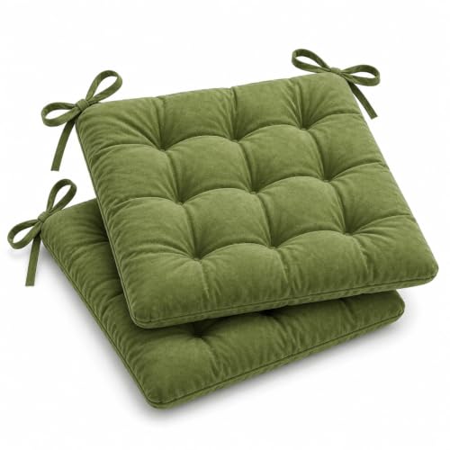 Image of BSB HOME Pack of 2 Chair Pad Cushions with Tie Straps, Tufted Seat Cushions for Dining, Office & Wooden Chairs, Soft Comfortable Chair Pads with Durable Stitching, 16 x 16 Inches - Moss Green
