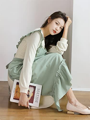 Girls Women Pleated Cotton X Back Long Aprons Home Kitchen Garden Art Pinafore Florist Shop Overalls (Green, 35Wx 42L) #TOP4