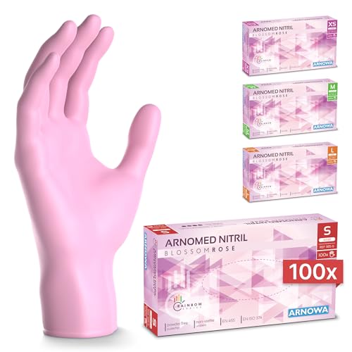 100x ARNOMED® Gants en nitrile taille S Rose, Gants à usage unique pour chirurgie & laboratoire, Gants en nitrile sans poudre et sans latex, Moufles en nitrile en XS, S, M, L, XL, XXL