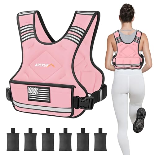 APEXUP Adjustable Weighted Vest, 4-10lb/12-18lb/20-32lb Vest with 6 Ironsand Weights and Large Pocket, Weight Vest for Men Women Strength Training, Running, Walking (4-10lb, Pastel Pink)