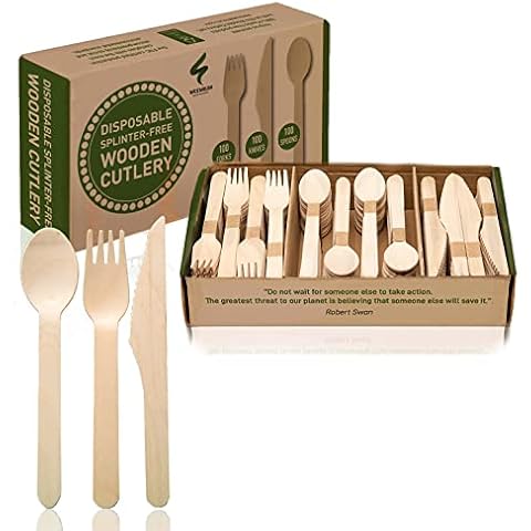Weemium Disposable Wooden Cutlery Set - 300 Count (100 Forks, 100 Knives, 100 Spoons) – Plastic-free Packaging - Biodegradable Silverware and Splinter-free Compostable Utensils for Parties Cover