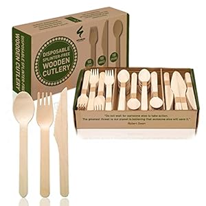 Disposable Wooden Cutlery Set – 300 Count (100 Forks, 100 Knives, 100 Spoons) – Plastic-free Packaging – Biodegradable Silverware and Splinter-free Compostable Utensils for Parties