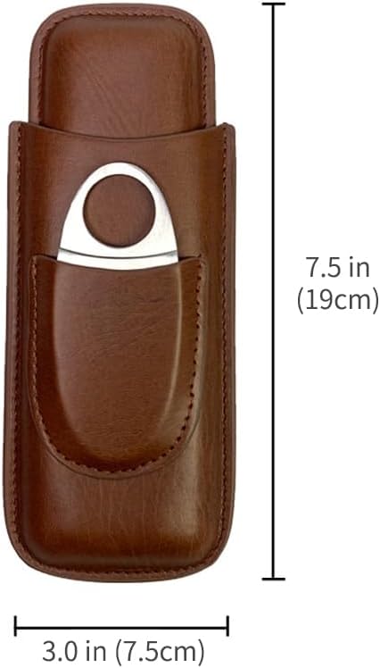 2-Finger Leather Cigar Case Cigar Humidor Portable Travel Cigar Holder, Cigar Bag with Silver Stainless Steel Cutter