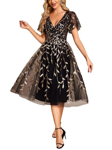 Ever-Pretty Women's V Neck A Line Cocktail Dresses Embroidery Short Sleeves Midi Sequin Formal Wedding Guest Dress Black and Gold US12