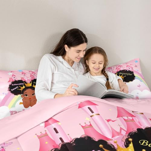 Image of Erosebridal Black Girls Queen Comforter Set Pink Rainbow Princess Bedding Set for Kids Nursery African American Quilt Set Black Princess Girl Duvet Insert Pretty Little Girls Inspirational Bed Set