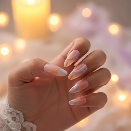 Image of 24 Pcs Reusable Artificial Nails Fake Nails with Glue and Kit|Golden Breeze Swirl Pastel Gold Press On Nails for Women | Medium Almond Shape | UV Protected Premium ABS | Salon Fresh look Reusable Artificial Nail Kit |