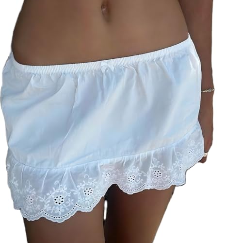 Women Y2k Lace Mini Skirt Boho Low Waist Floral Eyelet Short Aline Skirt Cute Ruffle Hem Concert Beach Skirt - Main Image