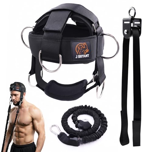 J Bryant Nackentrainer-Set mit Widerstandsband & Kinnpolster Verstellbares Kopfgeschirr für 360 Krafttraining D-Ringe für Seilzug & Bänder (Seilzug-System)