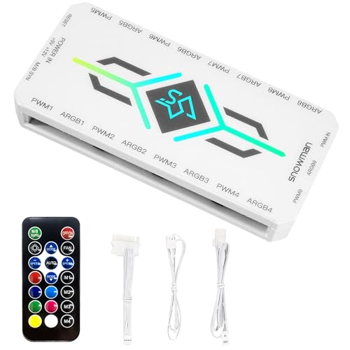 ONGNIUU Hub ARGB PWM 2-en-1 para Ventiladores PC - Controlador con 9 Puertos PWM + 9 Puertos ARGB (5V 3-Pin), Sincronización Madre, Base Magnética y Alimentación SATA - Blanco