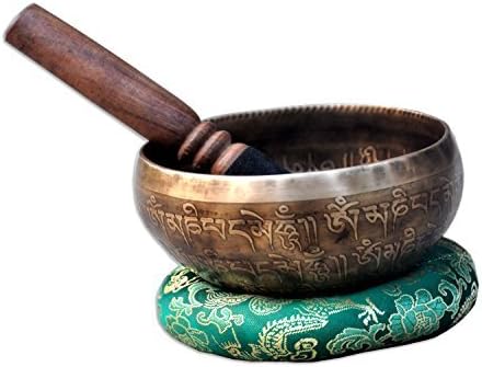 TM THAMELMART FOR BEAUTIFUL MINDS 4" Mantra Carved Buddha Tibetan Singing Bowl, Hand Hammered Nepal Yoga Singing Bowls with Om Tingsha Mallet & Silk Cushion