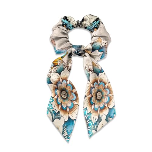 Qehuruxo Boho Flower Hair Scarf Scrunchies Satin Hair Bows Hair Clip Hair Ribbon Ponytail Holder Hair Decor Accessories Bow Hair Ties for Women Girls