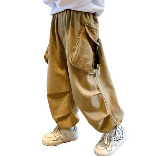 Boys Baggy Cargo Pants Casual Loose Fit Parachute Pant Fashion Harem Joggers Sweatpants with Pockets 11-12 Years 19 Khaki