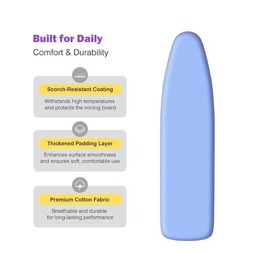 Image of Ironing Board Cover and Pad 15x54 Standard Size, Extra Thick Cotton Iron Board Cover with Padding, Silicone Coated and Scorch Resistant, Elastic Edge with Hook & Loop Strap, Heatproof Blue