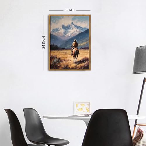 Image of Western Wall Art Vintage Cowboy Framed Canvas Prints Western Home Decor | 16x24 inch Rustic Western Horse Rider Artwork for Living Room Bedroom Office Fall Mountain Landscape Painting Country Wall Decor