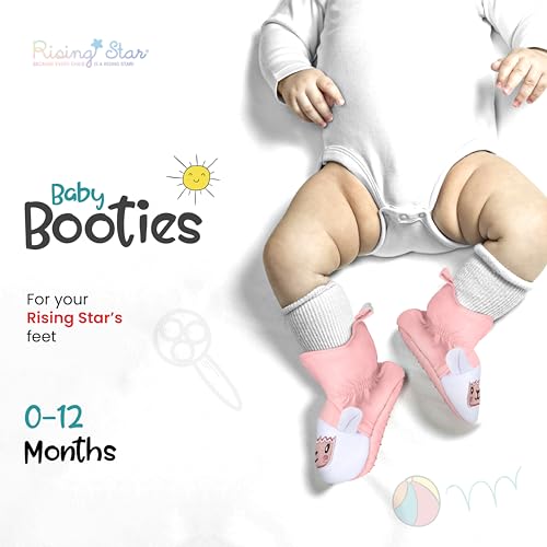 Rising Star Fleece Baby Booties Girls 9-12 Months, 100% Cotton, Hook & Loop Closure & Non Slip Grippers Baby Slippers that Stay On (Pink Alpaca)2